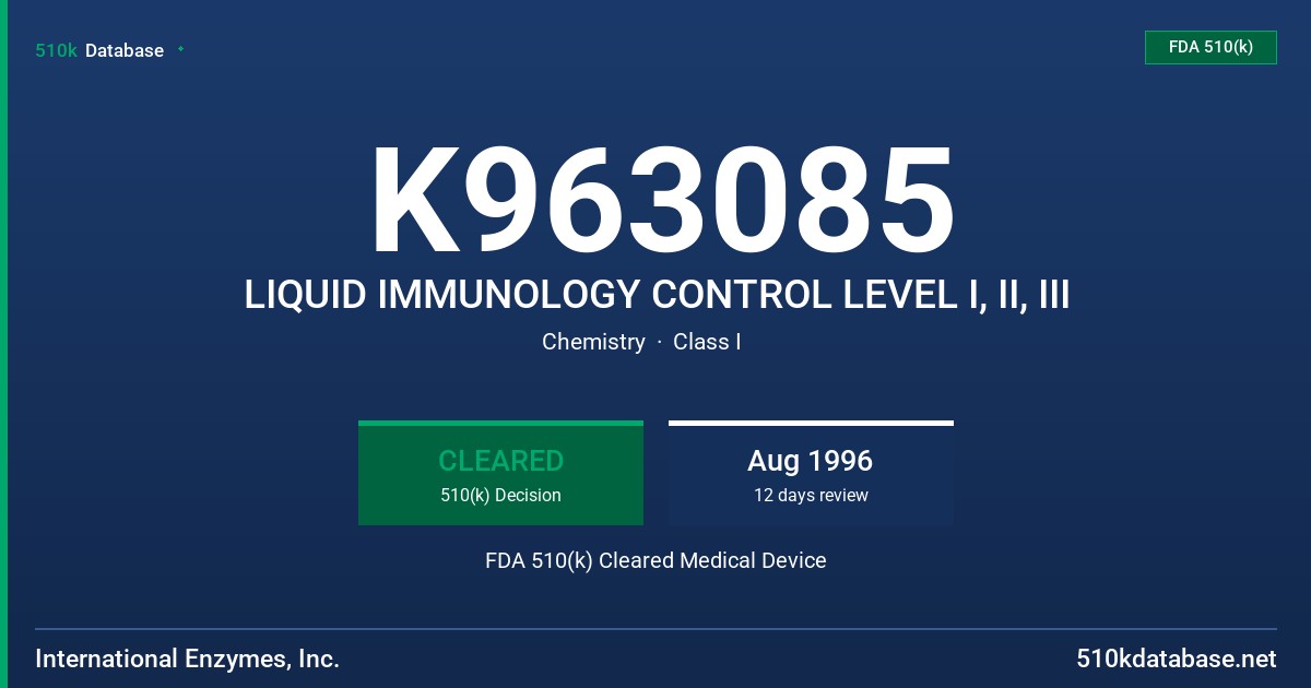 K963085 LIQUID IMMUNOLOGY CONTROL LEVEL I, II, III FDA 510(k) Cleared Medical Device