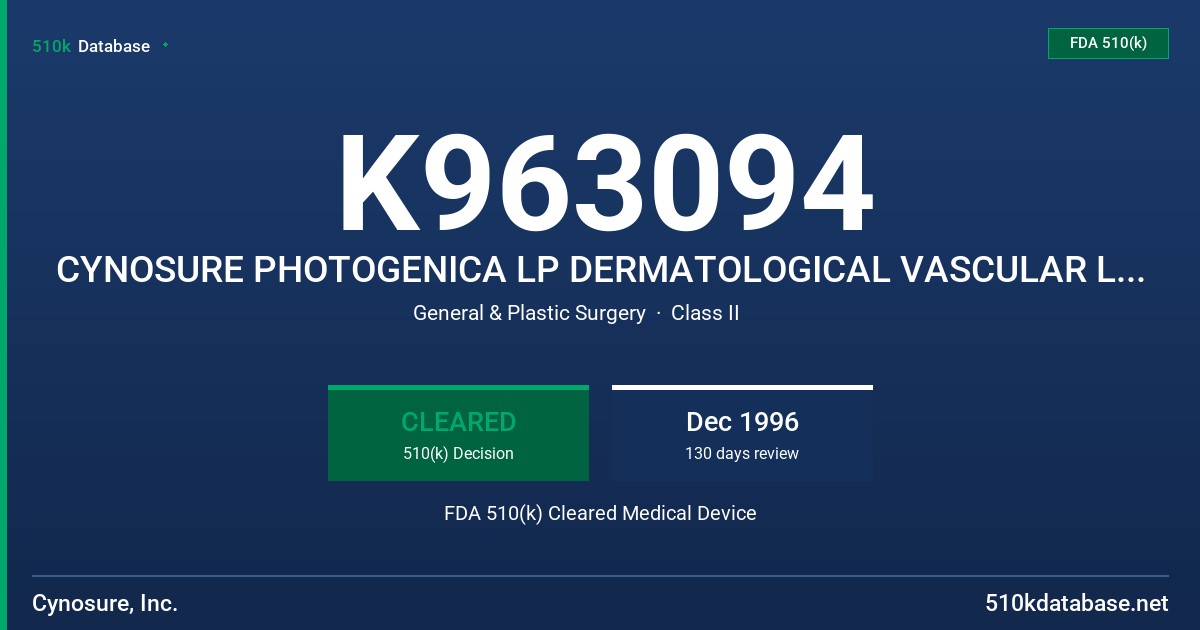 K963094 CYNOSURE PHOTOGENICA LP DERMATOLOGICAL VASCULAR LESION LASER FDA 510(k) Cleared Medical Device