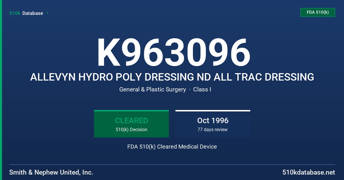 K963096 ALLEVYN HYDRO POLY DRESSING ND ALL TRAC DRESSING FDA 510(k) Cleared Medical Device