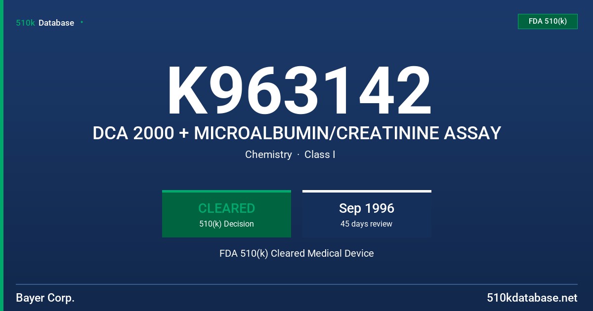 K963142 DCA 2000 + MICROALBUMIN/CREATININE ASSAY FDA 510(k) Cleared Medical Device