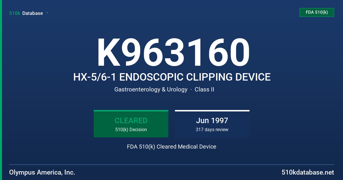 K963160 HX-5/6-1 ENDOSCOPIC CLIPPING DEVICE FDA 510(k) Cleared Medical Device