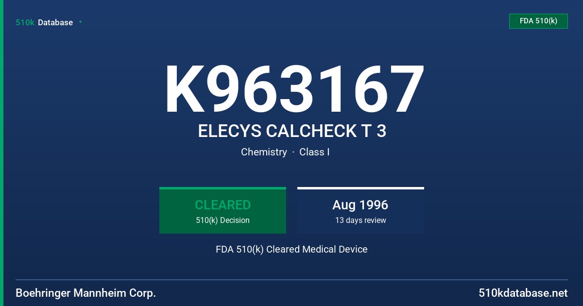 K963167 ELECYS CALCHECK T 3 FDA 510(k) Cleared Medical Device