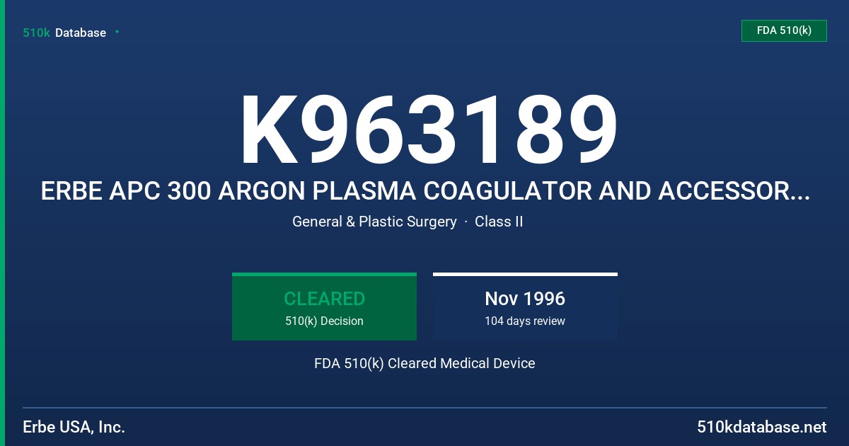 K963189 ERBE APC 300 ARGON PLASMA COAGULATOR AND ACCESSORIES - ARGON PLASMA COAGULATOR AND ACCESSORIES FDA 510(k) Cleared Medical Device