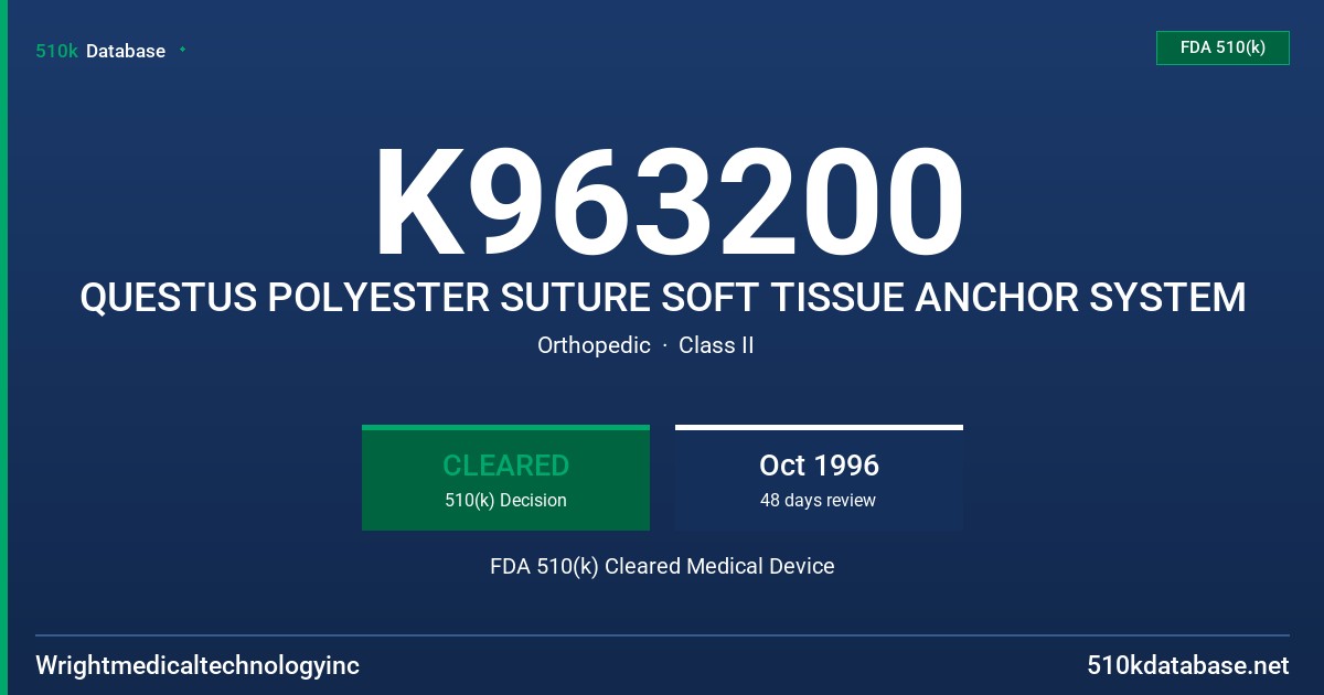 K963200 QUESTUS POLYESTER SUTURE SOFT TISSUE ANCHOR SYSTEM FDA 510(k) Cleared Medical Device