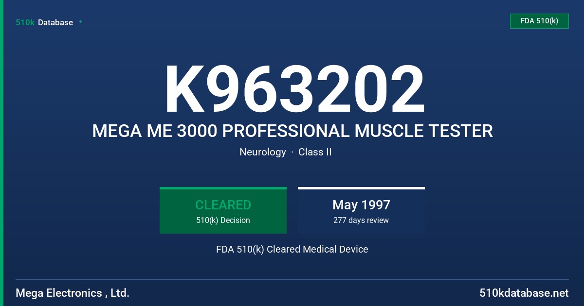 K963202 MEGA ME 3000 PROFESSIONAL MUSCLE TESTER FDA 510(k) Cleared Medical Device