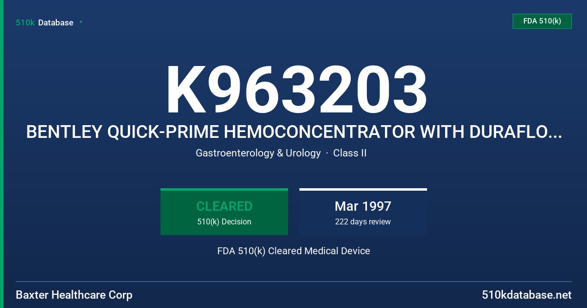 K963203 BENTLEY QUICK-PRIME HEMOCONCENTRATOR WITH DURAFLO TREATMENT FDA 510(k) Cleared Medical Device