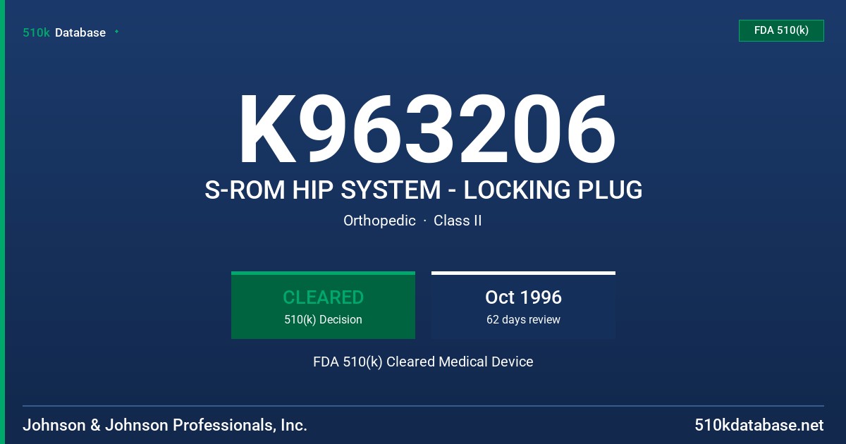 K963206 S-ROM HIP SYSTEM - LOCKING PLUG FDA 510(k) Cleared Medical Device