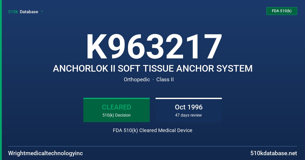 K963217 ANCHORLOK II SOFT TISSUE ANCHOR SYSTEM FDA 510(k) Cleared Medical Device