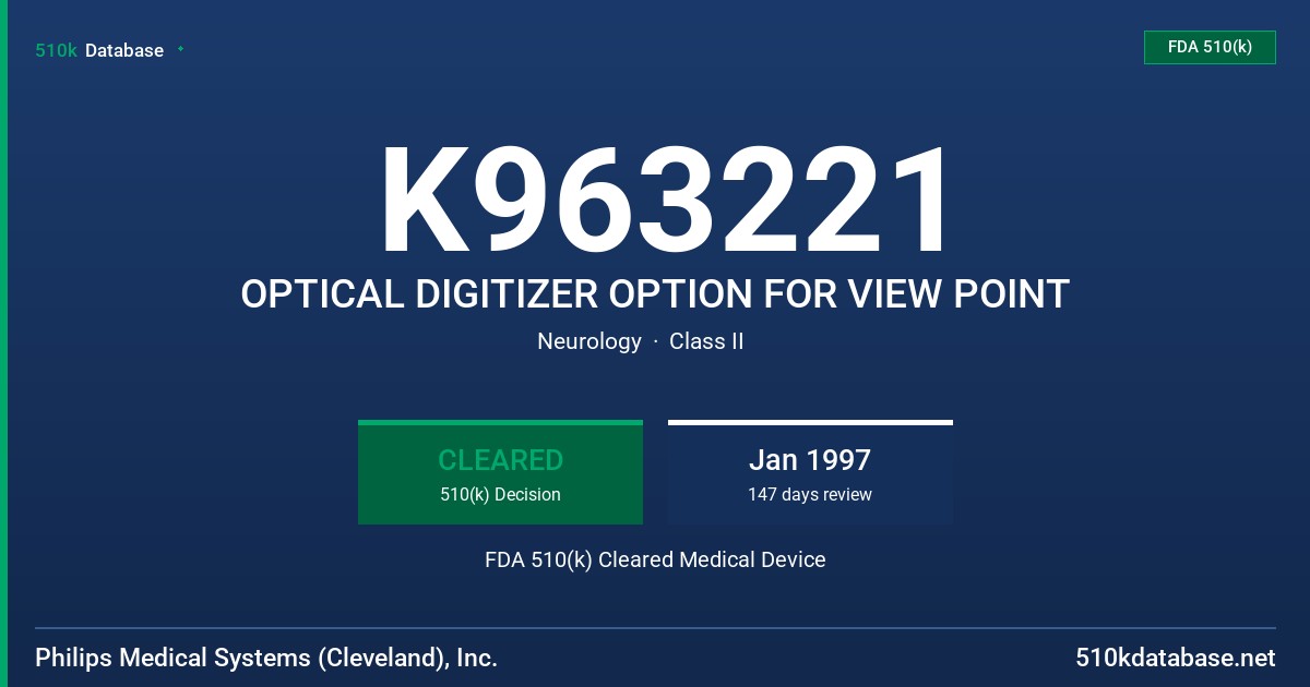 K963221 OPTICAL DIGITIZER OPTION FOR VIEW POINT FDA 510(k) Cleared Medical Device