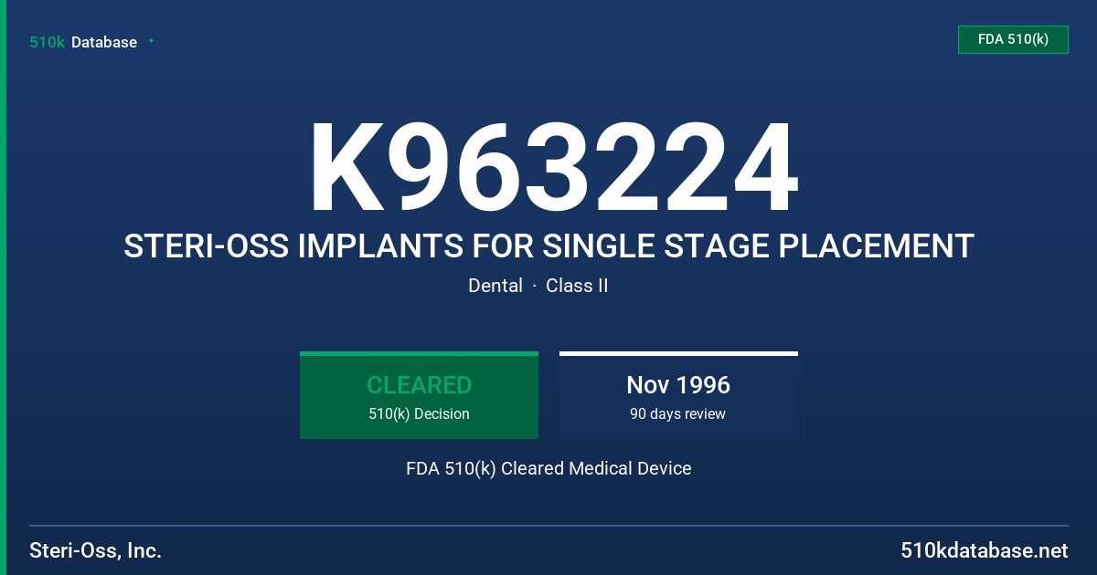 K963224 STERI-OSS IMPLANTS FOR SINGLE STAGE PLACEMENT FDA 510(k) Cleared Medical Device