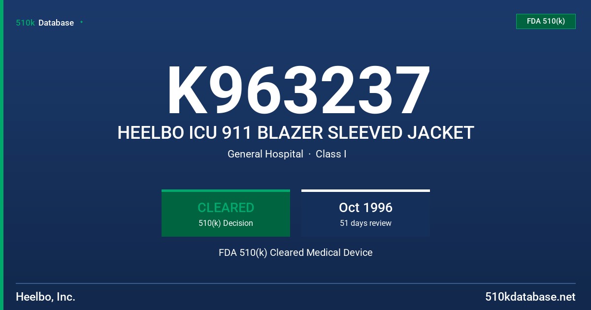 K963237 HEELBO ICU 911 BLAZER SLEEVED JACKET FDA 510(k) Cleared Medical Device