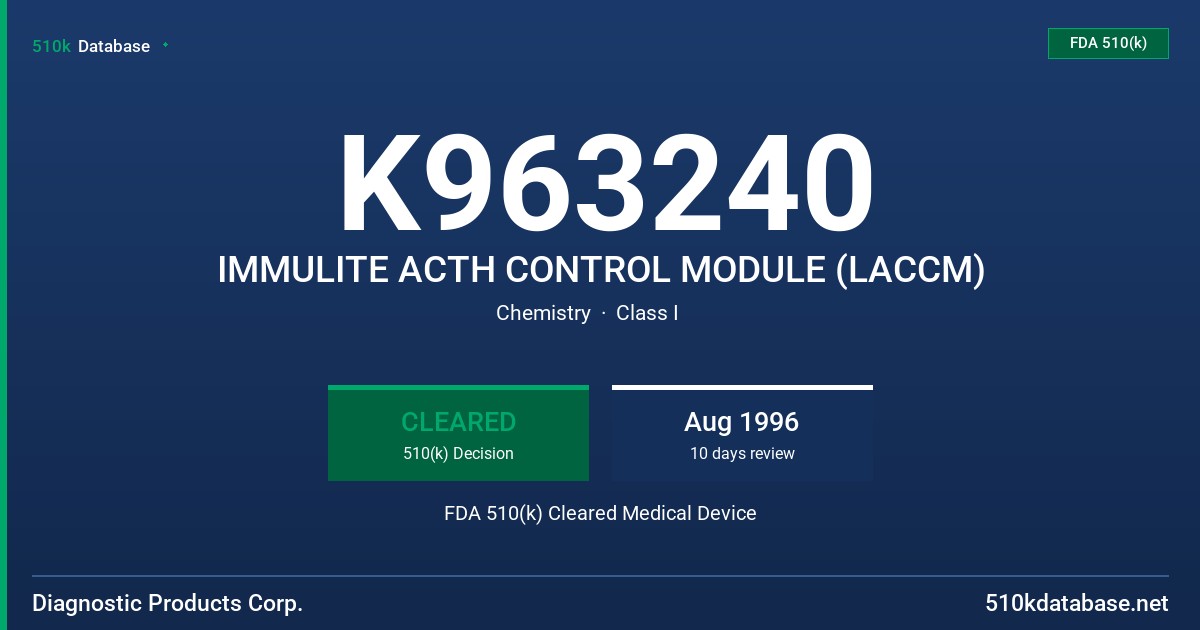 K963240 IMMULITE ACTH CONTROL MODULE (LACCM) FDA 510(k) Cleared Medical Device