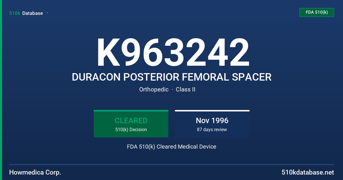 K963242 DURACON POSTERIOR FEMORAL SPACER FDA 510(k) Cleared Medical Device