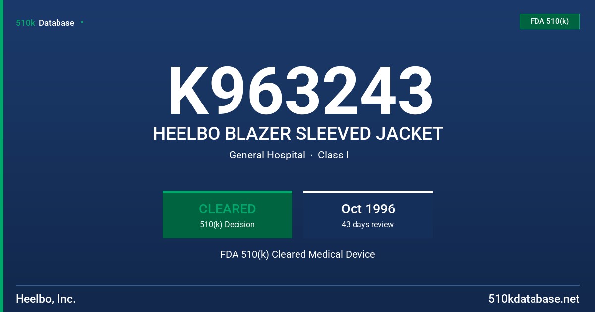 K963243 HEELBO BLAZER SLEEVED JACKET FDA 510(k) Cleared Medical Device