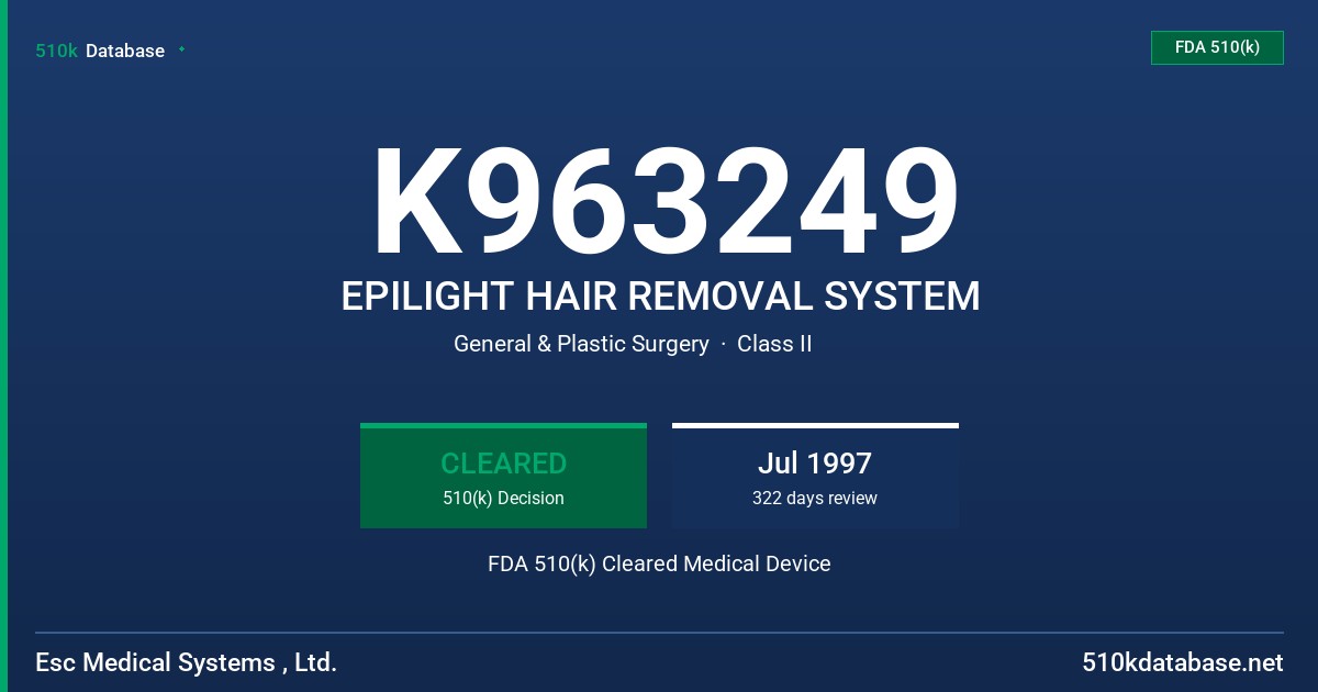 K963249 EPILIGHT HAIR REMOVAL SYSTEM FDA 510(k) Cleared Medical Device