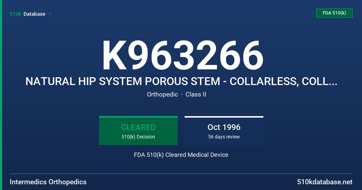 K963266 NATURAL HIP SYSTEM POROUS STEM - COLLARLESS, COLLARED FDA 510(k) Cleared Medical Device