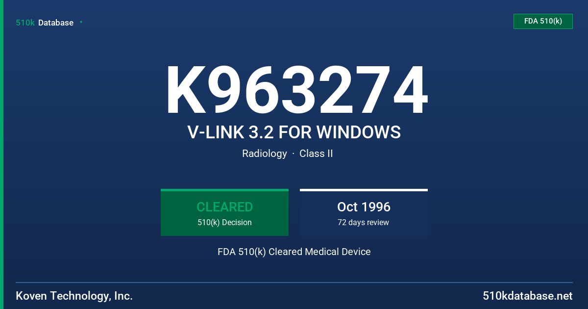 K963274 V-LINK 3.2 FOR WINDOWS FDA 510(k) Cleared Medical Device