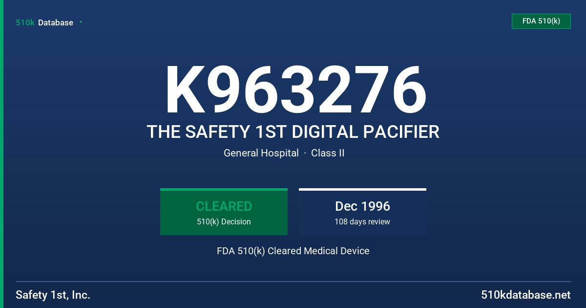 K963276 THE SAFETY 1ST DIGITAL PACIFIER FDA 510(k) Cleared Medical Device