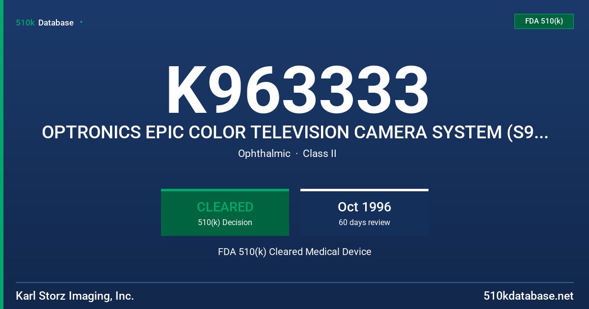 K963333 OPTRONICS EPIC COLOR TELEVISION CAMERA SYSTEM (S97340) FDA 510(k) Cleared Medical Device