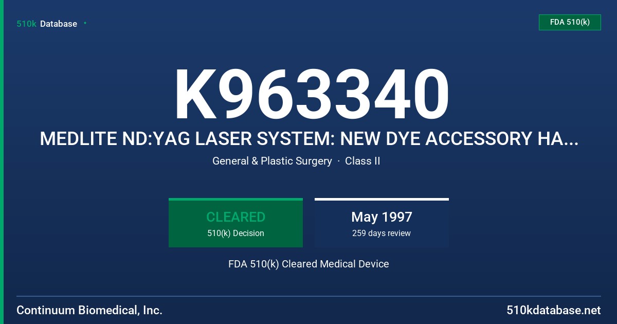 K963340 MEDLITE ND:YAG LASER SYSTEM: NEW DYE ACCESSORY HANDPIECE FDA 510(k) Cleared Medical Device