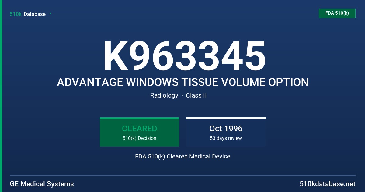 K963345 ADVANTAGE WINDOWS TISSUE VOLUME OPTION FDA 510(k) Cleared Medical Device
