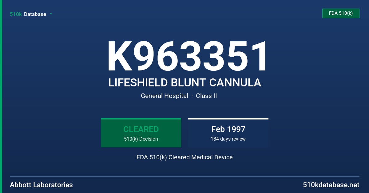 K963351 LIFESHIELD BLUNT CANNULA FDA 510(k) Cleared Medical Device