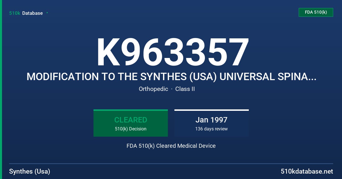 K963357 MODIFICATION TO THE SYNTHES (USA) UNIVERSAL SPINAL HOOK, ROD, AND AND SACRAL SCREW FIXATION SYSTEM IN 316L STAINLESS STE FDA 510(k) Cleared Medical Device