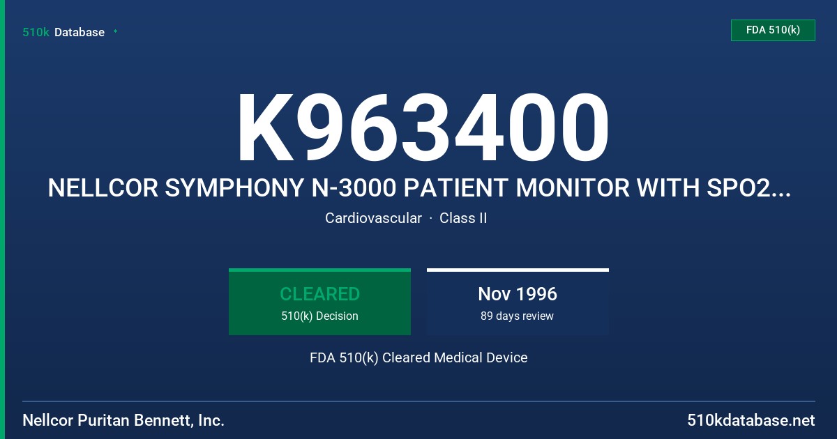 K963400 NELLCOR SYMPHONY N-3000 PATIENT MONITOR WITH SPO2 AND ECG AND N-3200 DISPLAY/PRINTER FDA 510(k) Cleared Medical Device
