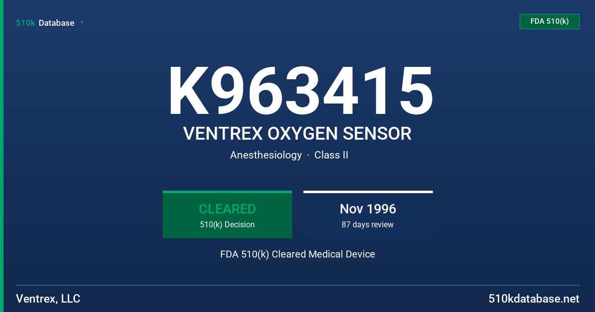 K963415 VENTREX OXYGEN SENSOR FDA 510(k) Cleared Medical Device