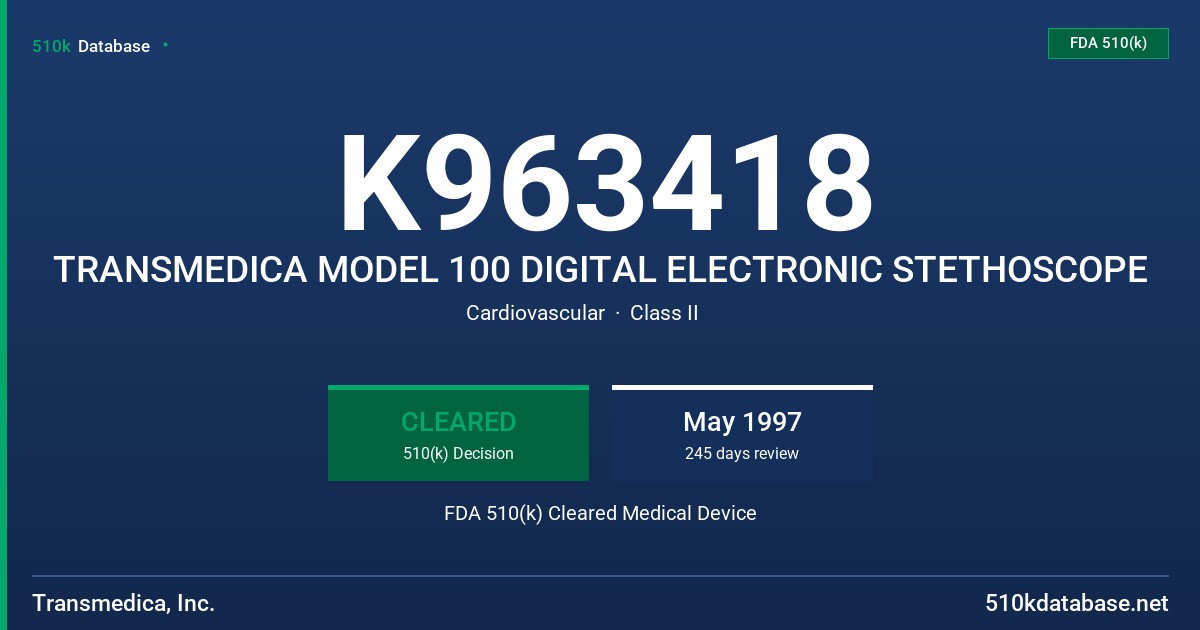 K963418 TRANSMEDICA MODEL 100 DIGITAL ELECTRONIC STETHOSCOPE FDA 510(k) Cleared Medical Device