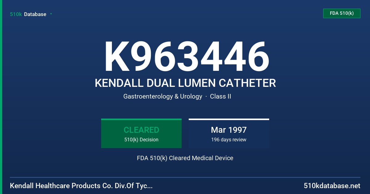 K963446 KENDALL DUAL LUMEN CATHETER FDA 510(k) Cleared Medical Device