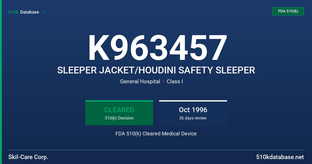 K963457 SLEEPER JACKET/HOUDINI SAFETY SLEEPER FDA 510(k) Cleared Medical Device