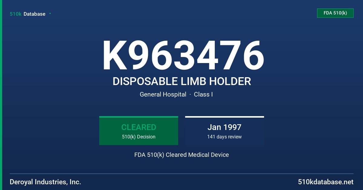 K963476 DISPOSABLE LIMB HOLDER FDA 510(k) Cleared Medical Device