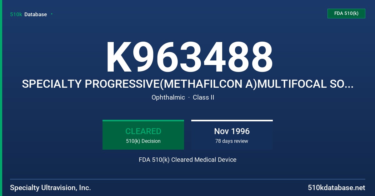 K963488 SPECIALTY PROGRESSIVE(METHAFILCON A)MULTIFOCAL SOFT(HYDROPHILIC)CONTACT LENS FOR DAILY WEAR(CLEAR AND TINTED) FDA 510(k) Cleared Medical Device