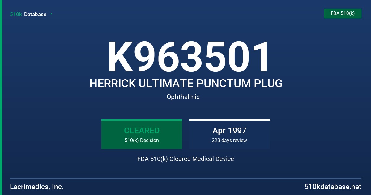 K963501 HERRICK ULTIMATE PUNCTUM PLUG FDA 510(k) Cleared Medical Device