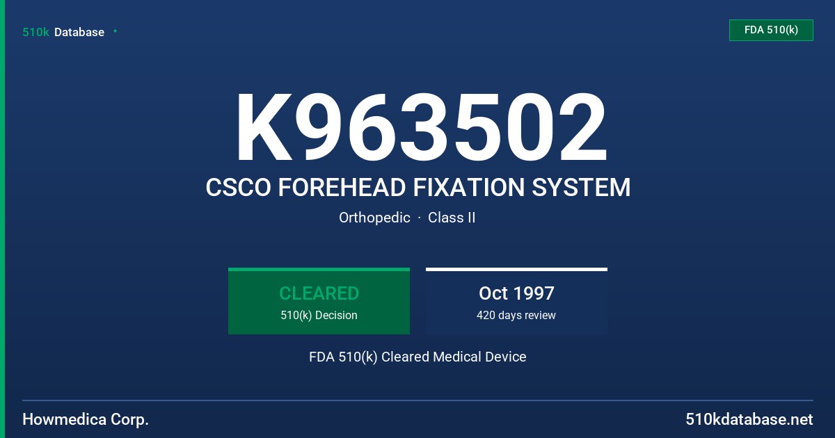 K963502 CSCO FOREHEAD FIXATION SYSTEM FDA 510(k) Cleared Medical Device