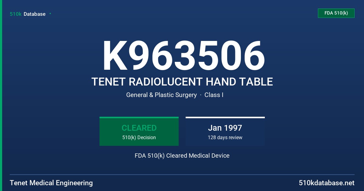 K963506 TENET RADIOLUCENT HAND TABLE FDA 510(k) Cleared Medical Device