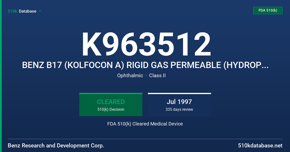 K963512 BENZ B17 (KOLFOCON A) RIGID GAS PERMEABLE (HYDROPHOBIC DAILY WEAR CONTACT LENS (CLEAR AND TINTED, LATHE-CUT FROM LENS BL FDA 510(k) Cleared Medical Device