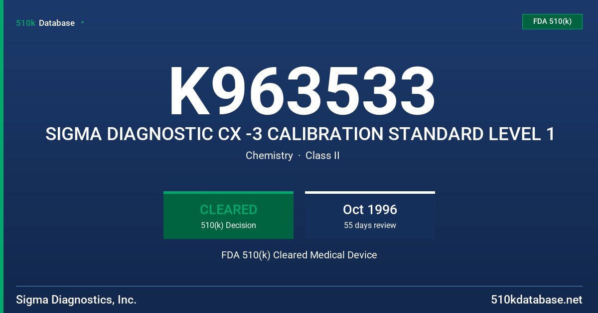 K963533 SIGMA DIAGNOSTIC CX -3 CALIBRATION STANDARD LEVEL 1 FDA 510(k) Cleared Medical Device