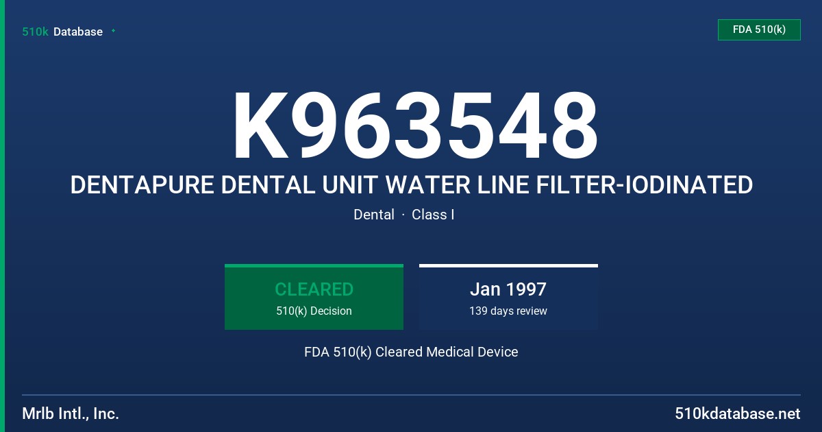 K963548 DENTAPURE DENTAL UNIT WATER LINE FILTER-IODINATED FDA 510(k) Cleared Medical Device