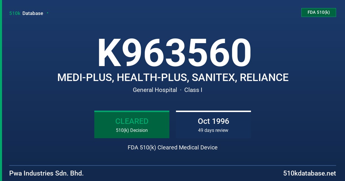 K963560 MEDI-PLUS, HEALTH-PLUS, SANITEX, RELIANCE FDA 510(k) Cleared Medical Device