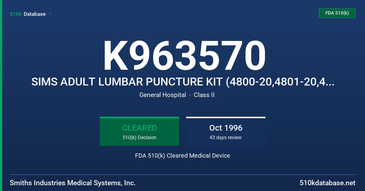 K963570 SIMS ADULT LUMBAR PUNCTURE KIT (4800-20,4801-20,4806-22,4807-22) FDA 510(k) Cleared Medical Device