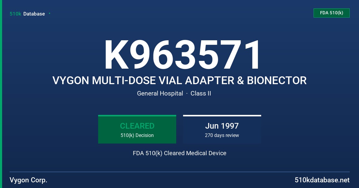 K963571 VYGON MULTI-DOSE VIAL ADAPTER & BIONECTOR FDA 510(k) Cleared Medical Device