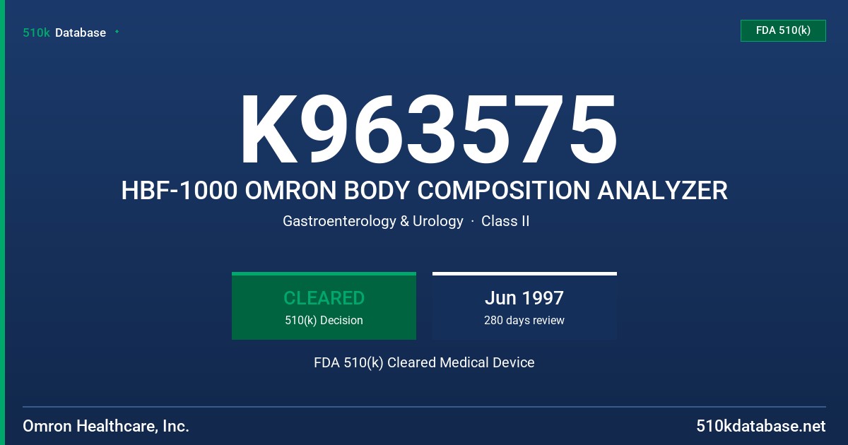 K963575 HBF-1000 OMRON BODY COMPOSITION ANALYZER FDA 510(k) Cleared Medical Device
