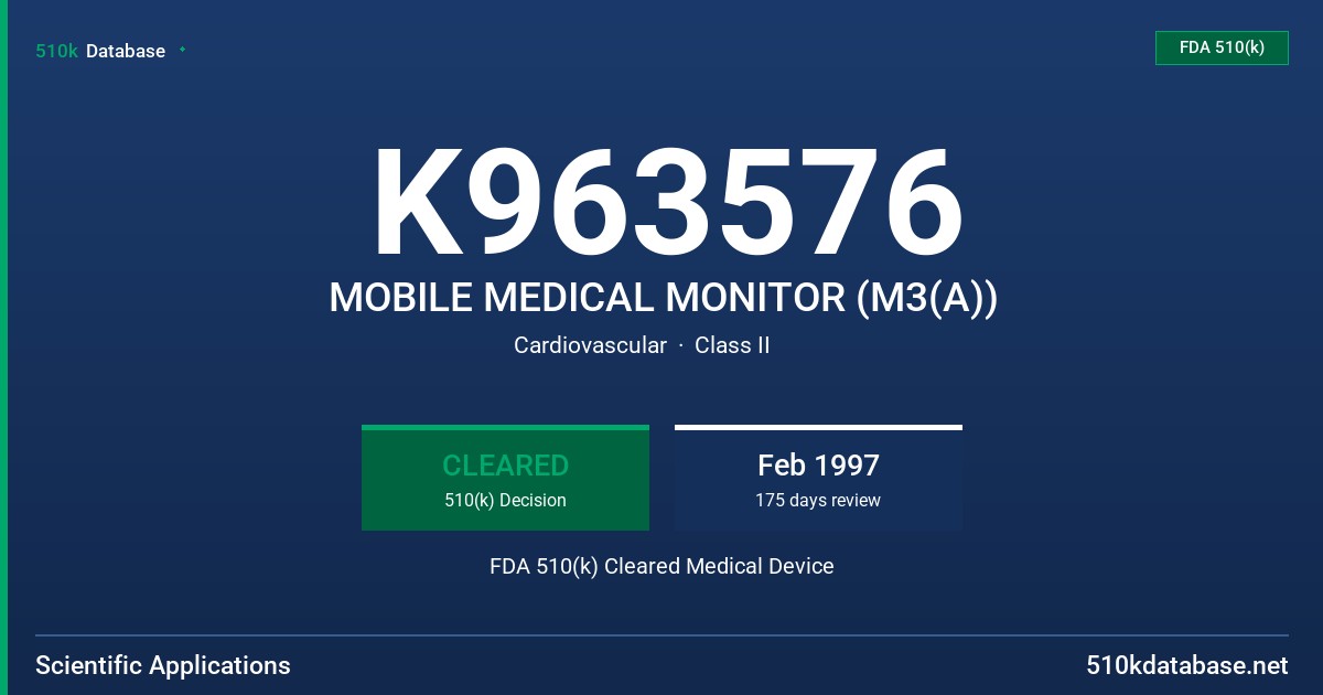 K963576 MOBILE MEDICAL MONITOR (M3(A)) FDA 510(k) Cleared Medical Device