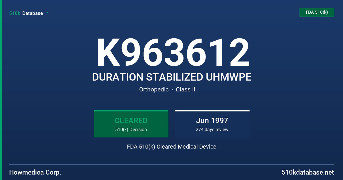 K963612 DURATION STABILIZED UHMWPE FDA 510(k) Cleared Medical Device