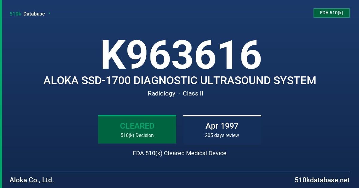 K963616 ALOKA SSD-1700 DIAGNOSTIC ULTRASOUND SYSTEM FDA 510(k) Cleared Medical Device