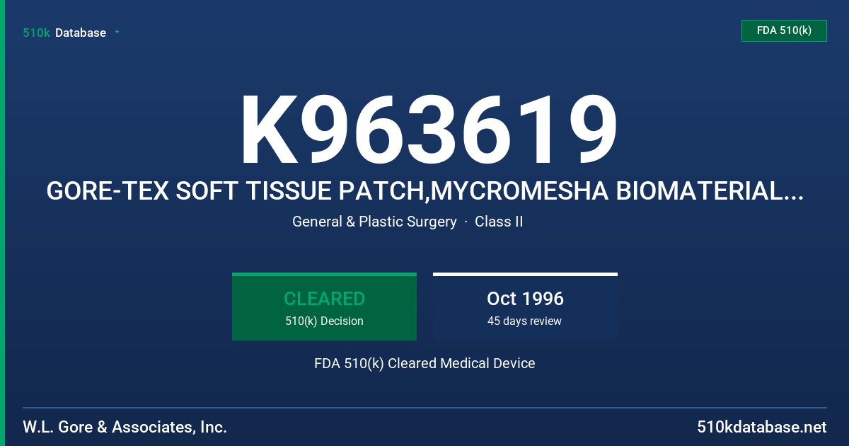 K963619 GORE-TEX SOFT TISSUE PATCH,MYCROMESHA BIOMATERIAL,DUALMESH BIOMATERIAL,DUALMESH BIOMATERIAL WITH HOLES FDA 510(k) Cleared Medical Device