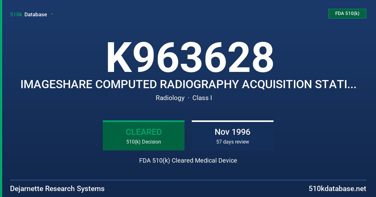 K963628 IMAGESHARE COMPUTED RADIOGRAPHY ACQUISITION STATION AND/OR SOFTWARE FDA 510(k) Cleared Medical Device