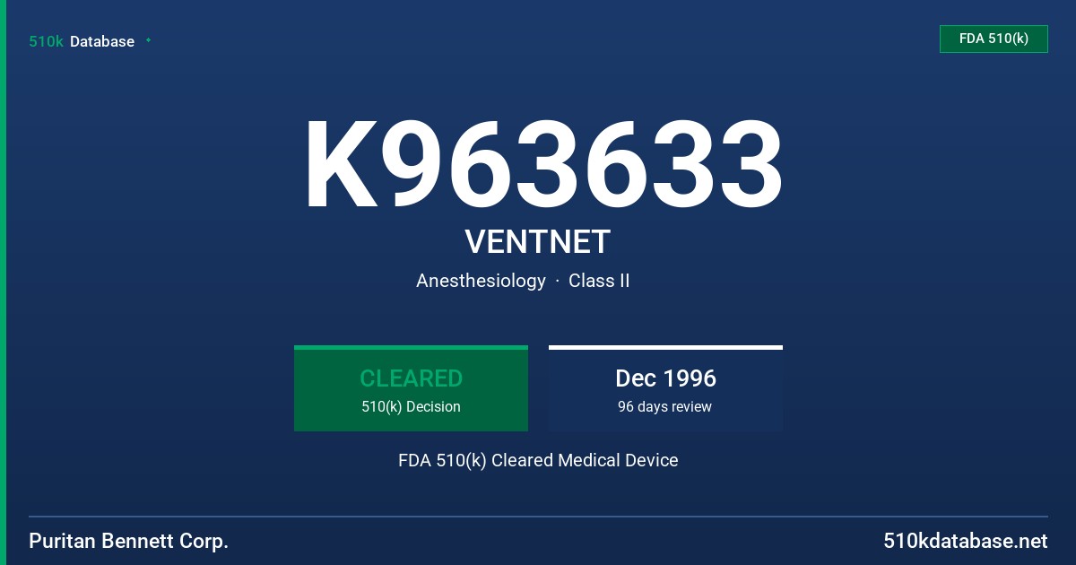 K963633 VENTNET FDA 510(k) Cleared Medical Device